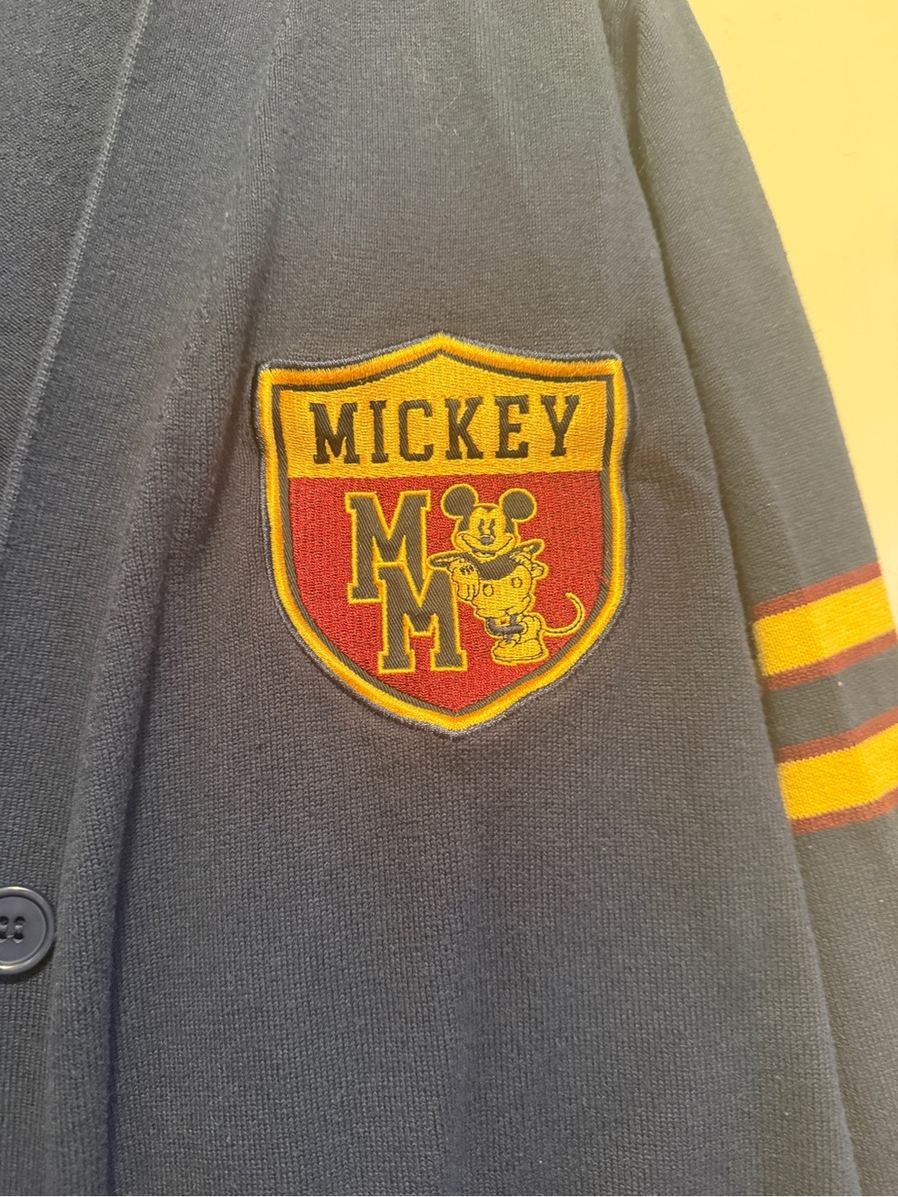 Disney Mickey Mouse Women's Navy and Yellow Varsity Cardigan Jacket - Picture 4 of 7